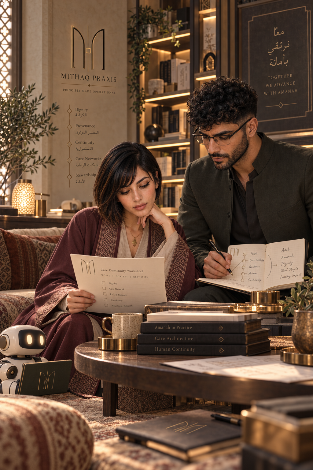 Researchers reviewing written decisions at a shared table.