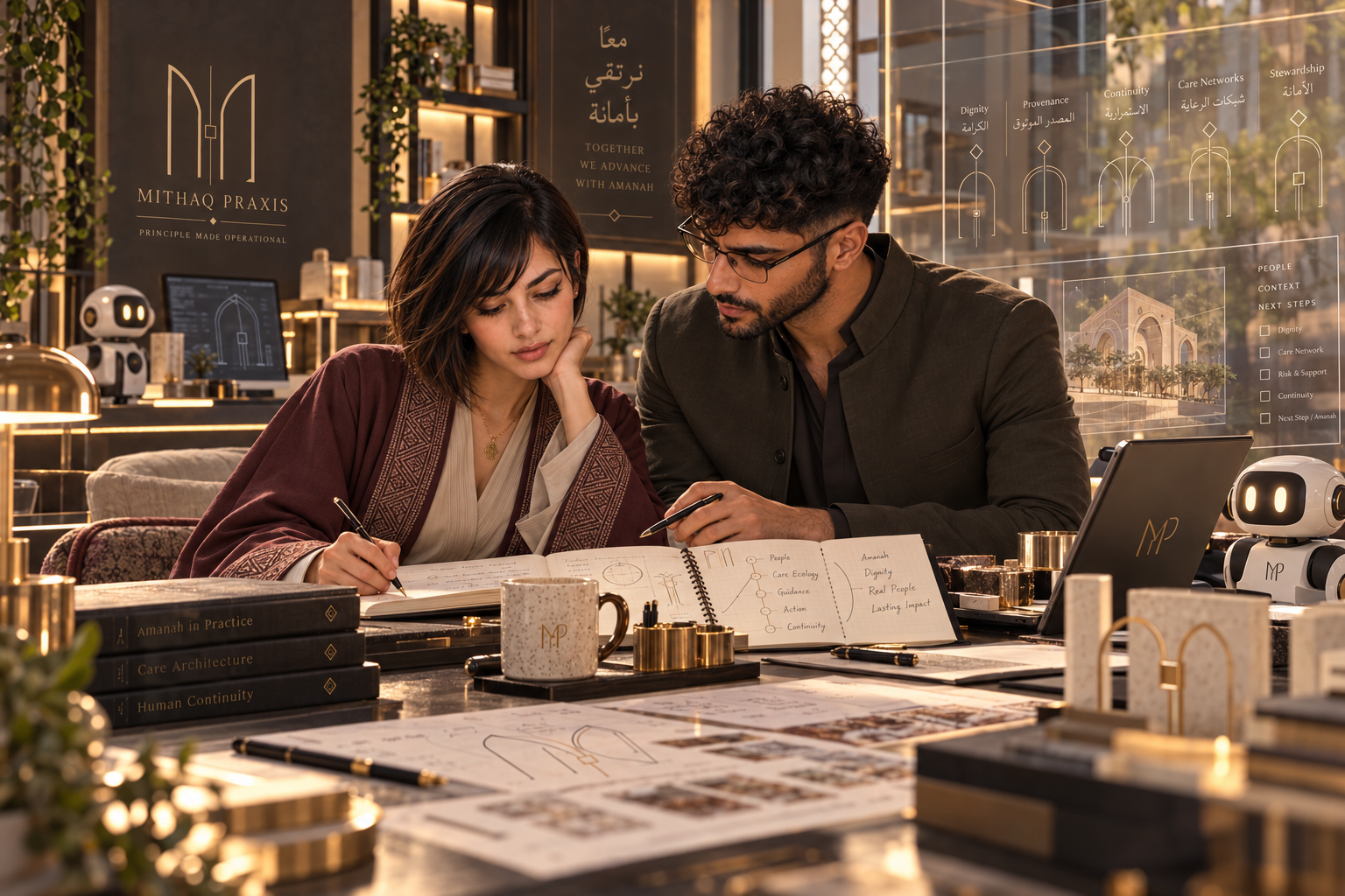 Two Mithaq Praxis researchers working together over a care architecture manuscript.