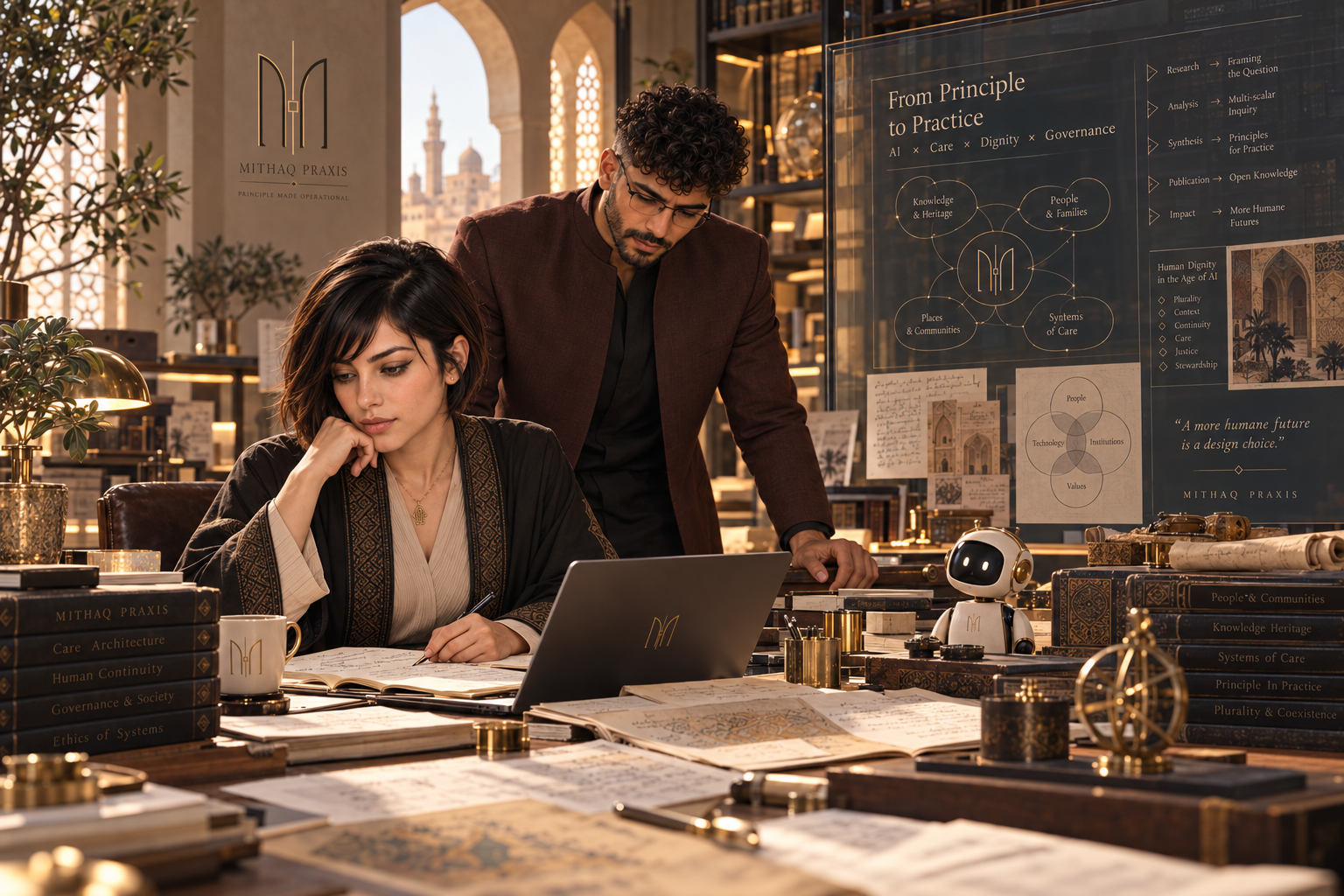 Researchers connecting manuscripts, systems maps, and publication work.
