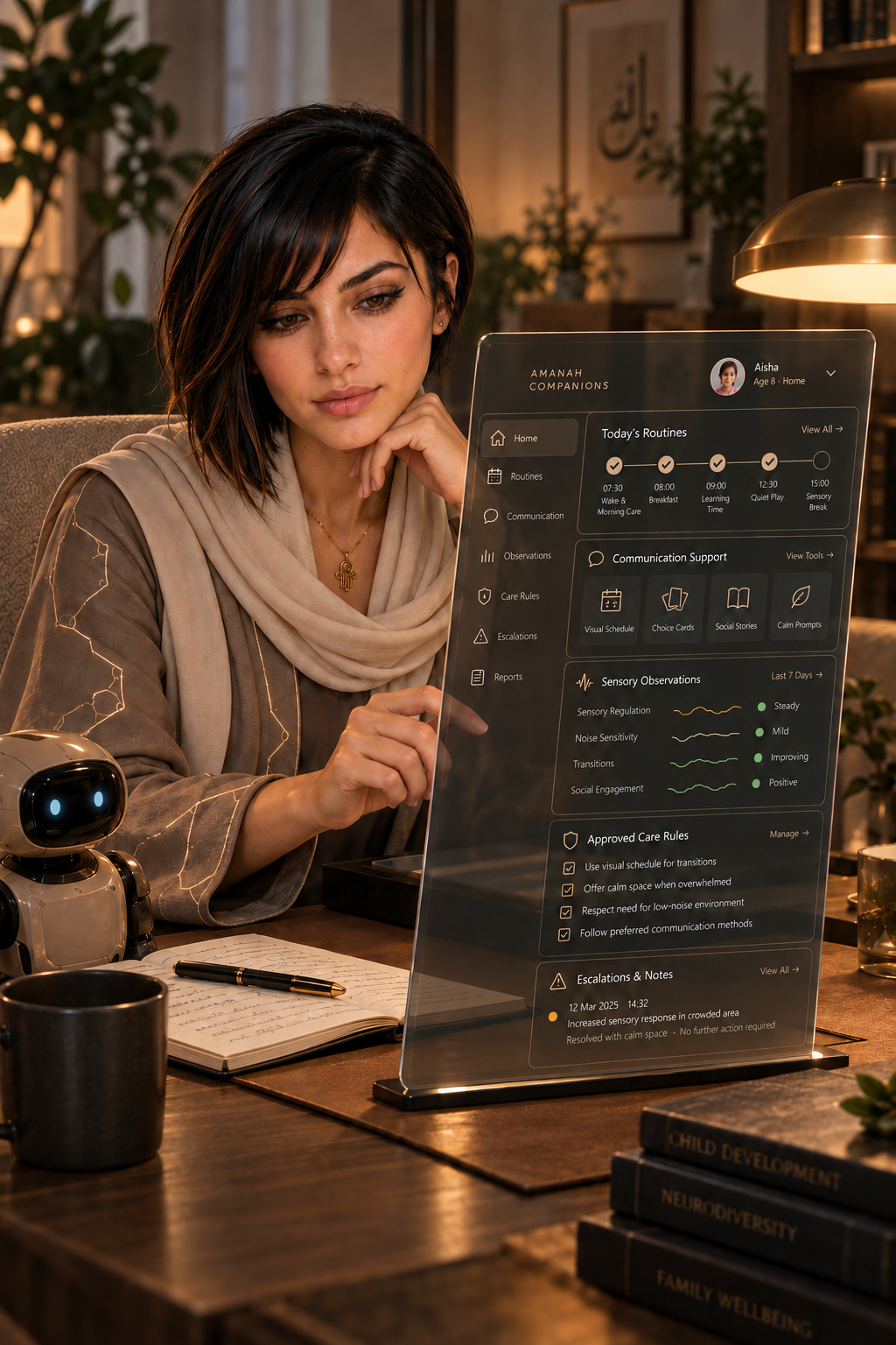 A researcher using a conceptual routine, communication, and sensory support interface.
