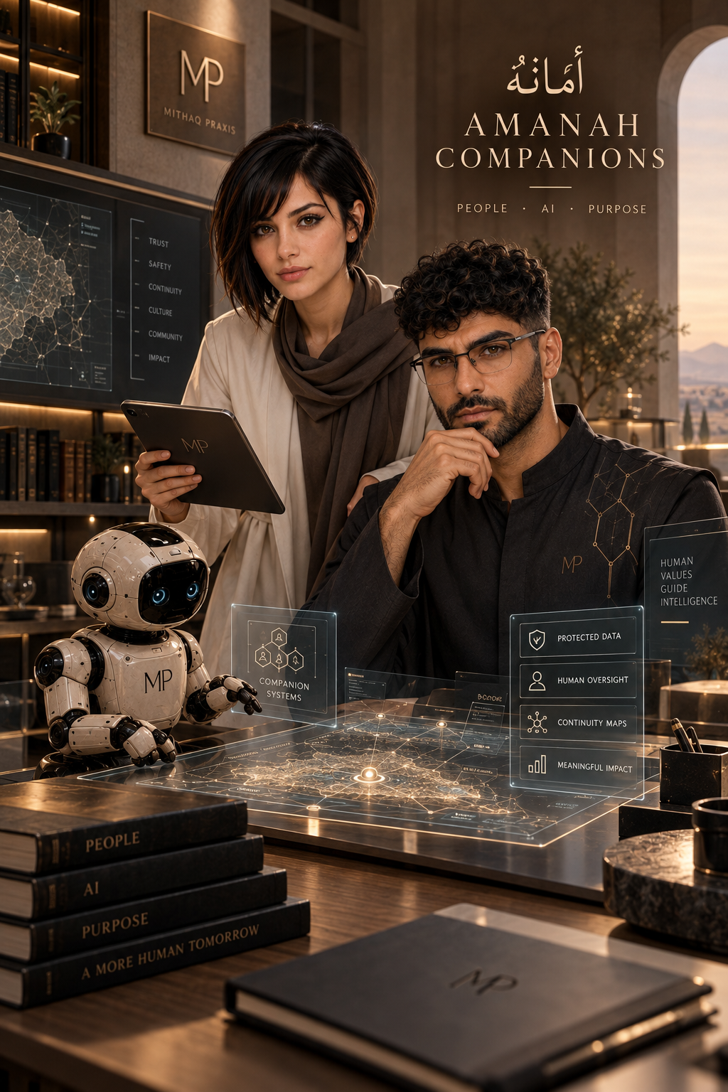 Researchers beside a human-values map and bounded companion-system materials.