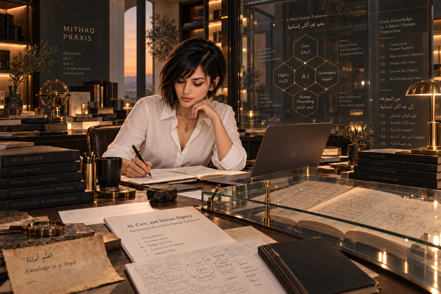 A researcher working among manuscripts and a conceptual map of care, dignity, governance, and human flourishing.
